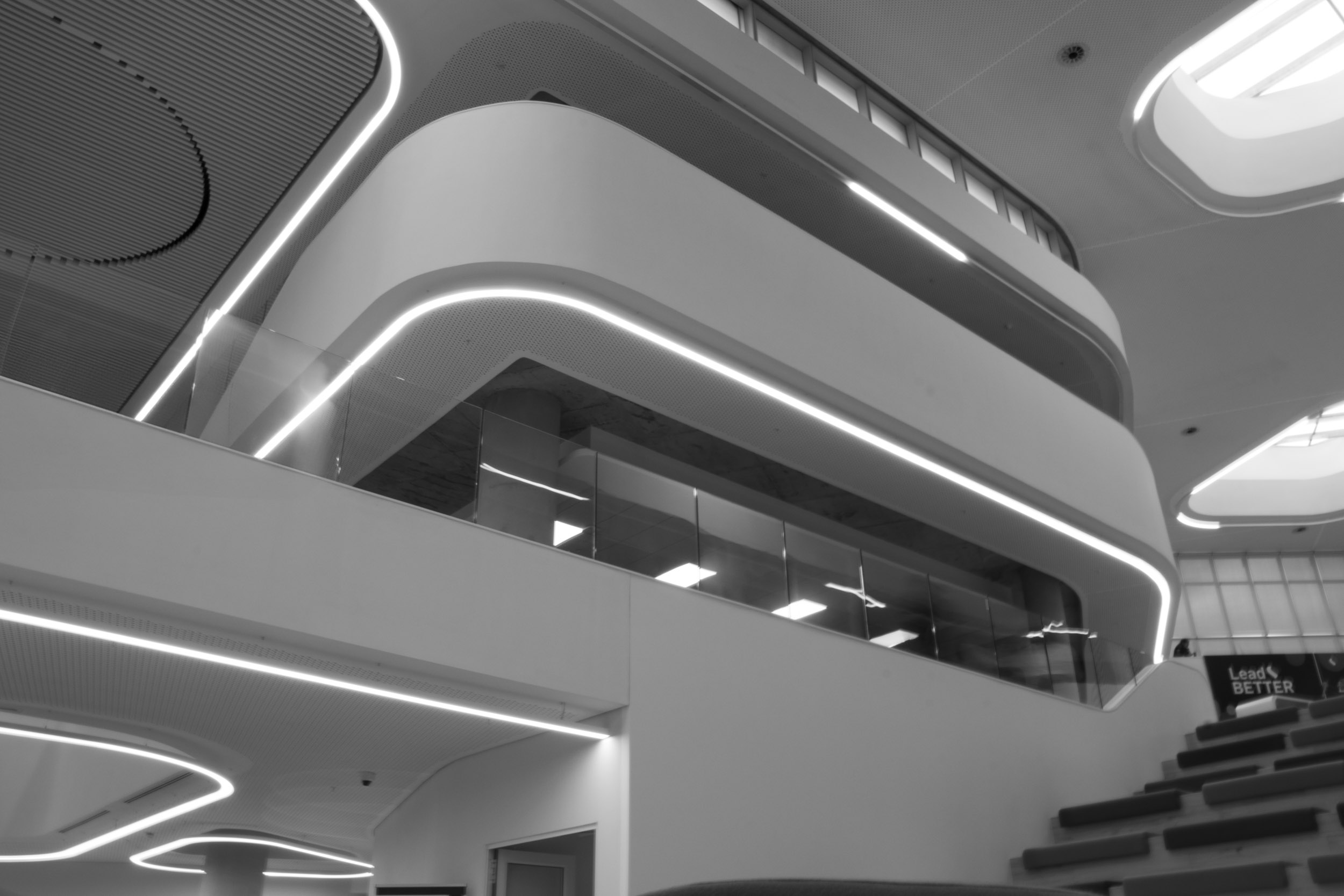 black and white photo of a Building interior